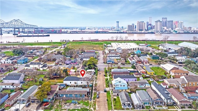 drone / aerial view featuring a water view