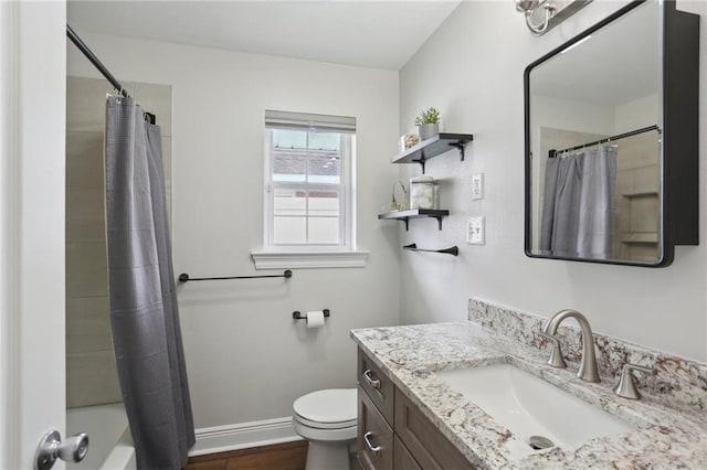 full bathroom with vanity, wood-type flooring, shower / bath combination with curtain, and toilet