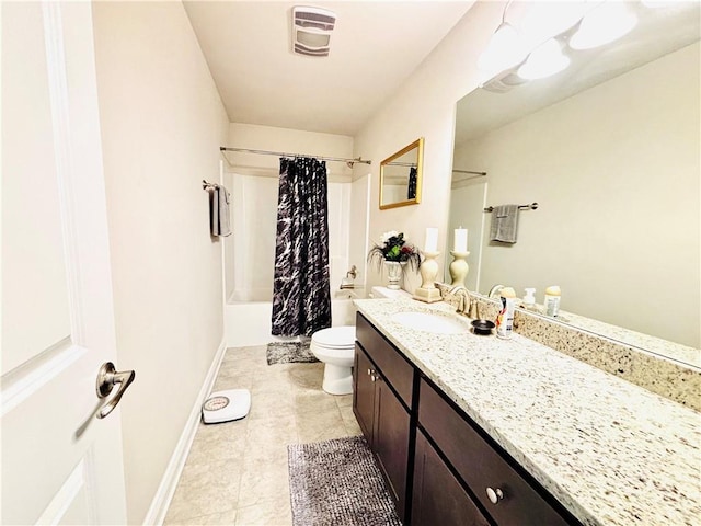 full bathroom with shower / tub combo, vanity, and toilet