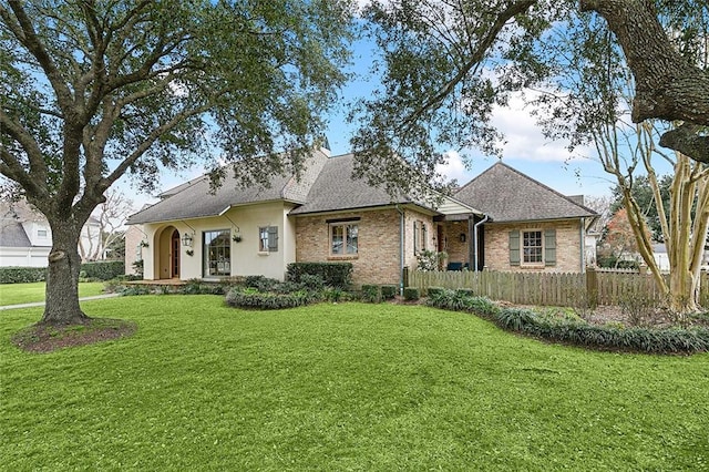 ranch-style home featuring a front lawn