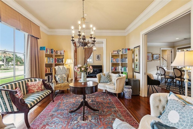170 English Turn Dr, New Orleans, LA 70131 - sitting room featuring dark hardwood / wood-style flooring, a notable chandelier, and ornamental molding