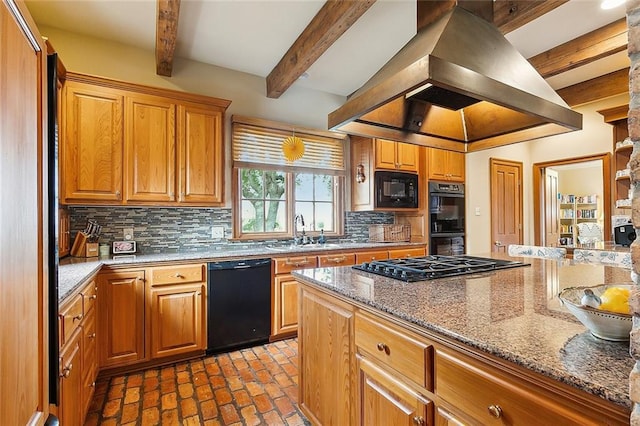 170 English Turn Dr, New Orleans, LA 70131 - kitchen with stone counters, beam ceiling, island range hood, black appliances, and decorative backsplash