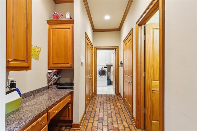 170 English Turn Dr, New Orleans, LA 70131 - corridor featuring ornamental molding and washer / dryer