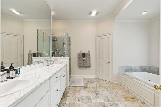 170 English Turn Dr, New Orleans, LA 70131 - bathroom with vanity, ornamental molding, and independent shower and bath
