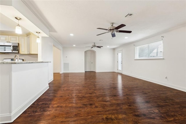 3512 James Dr, Metairie, LA 70003 - unfurnished living room featuring visible vents, recessed lighting, ceiling fan, and wood finished floors