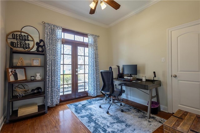 office area with french doors, ornamental molding, wood-type flooring, and ceiling fan