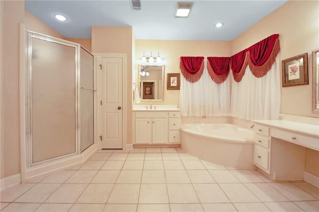 bathroom with shower with separate bathtub, tile patterned floors, and vanity