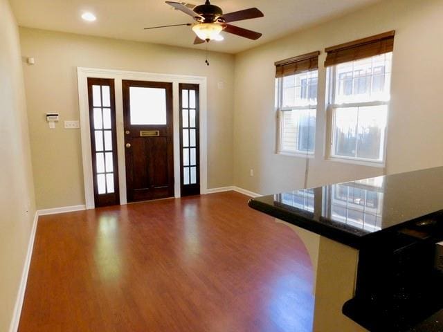 foyer entrance featuring hardwood / wood-style flooring and ceiling fan