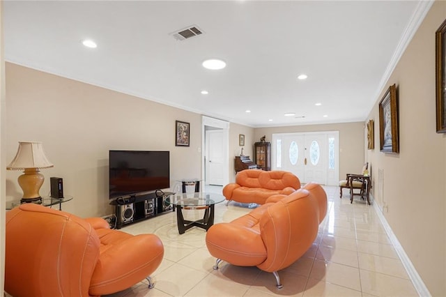 tiled living room with ornamental molding