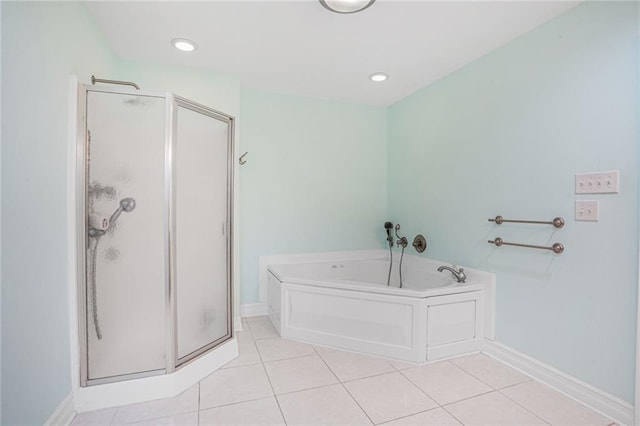 bathroom with tile patterned floors and plus walk in shower