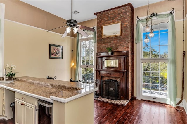 kitchen featuring dark hardwood / wood-style flooring, a wealth of natural light, wine cooler, and a fireplace