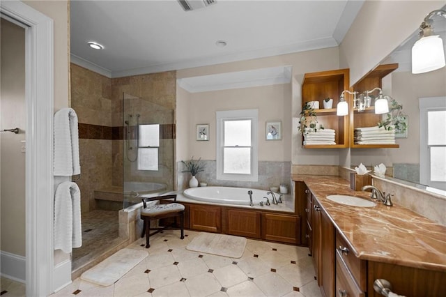 bathroom featuring crown molding, vanity, and plus walk in shower