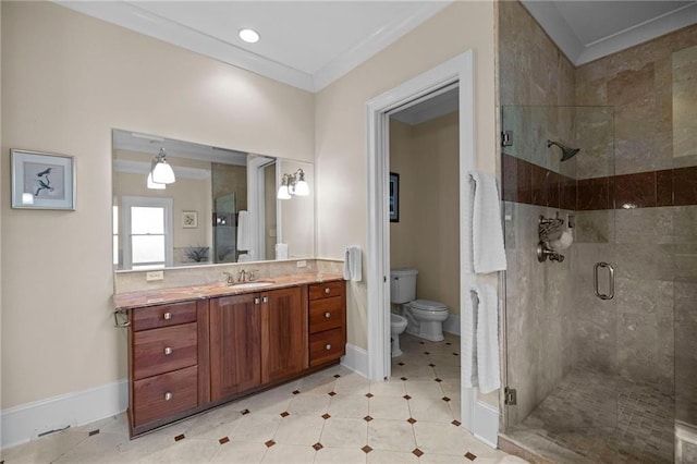 bathroom with a shower with door, a bidet, crown molding, and toilet