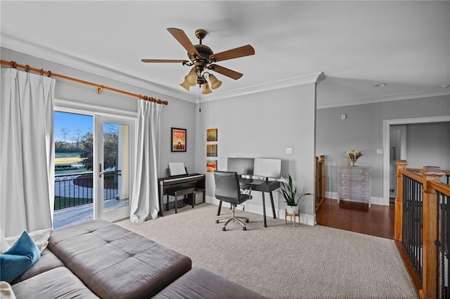 office area with ornamental molding and ceiling fan