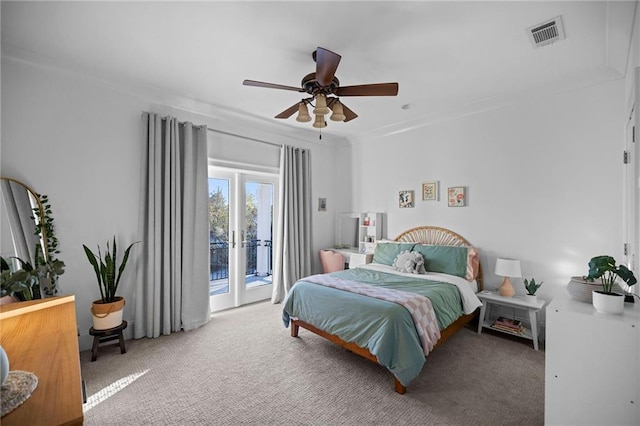 bedroom with access to outside, french doors, ceiling fan, and carpet flooring