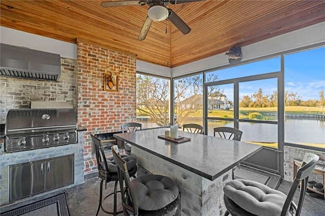 sunroom with vaulted ceiling, a water view, ceiling fan, and wood ceiling