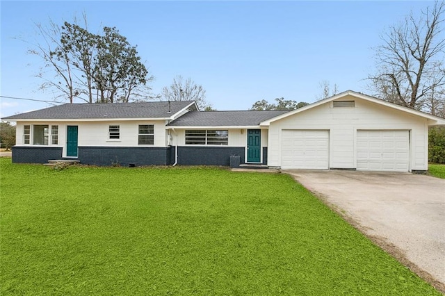 ranch-style home featuring a garage and a front lawn