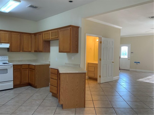 kitchen with light tile patterned flooring, white electric stove, and crown molding