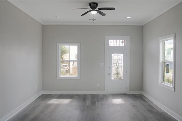 3533 S Liberty St, New Orleans, LA 70115 - foyer with wood finished floors, a ceiling fan, crown molding, and recessed lighting