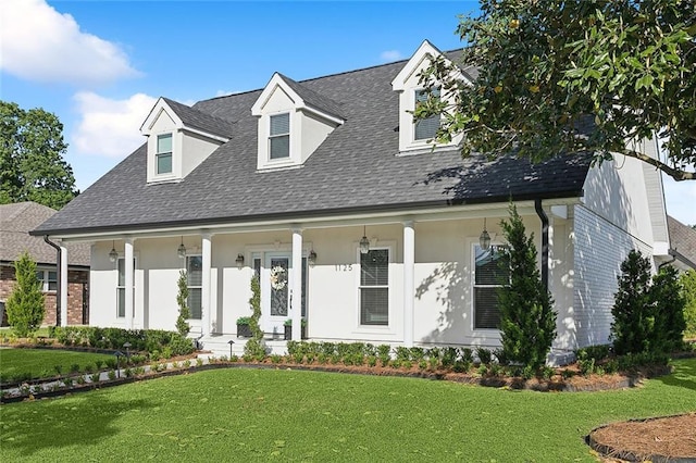1125 Kingswood Dr, Westwego, LA 70094 - cape cod house featuring a front yard, a shingled roof, covered porch, and stucco siding