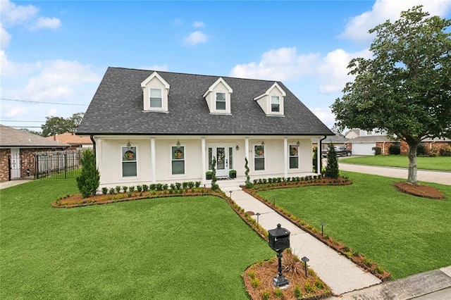 1125 Kingswood Dr, Westwego, LA 70094 - cape cod house featuring covered porch, fence, stucco siding, a front lawn, and roof with shingles