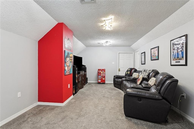 1125 Kingswood Dr, Westwego, LA 70094 - carpeted living room with a textured ceiling, baseboards, and lofted ceiling