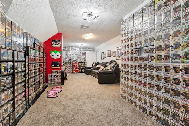 wine cellar with a textured ceiling and carpet