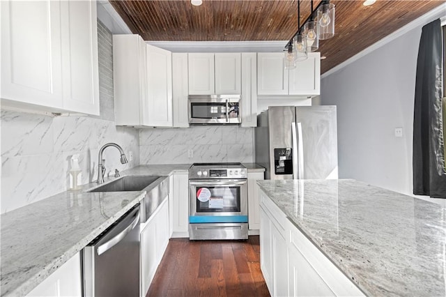 kitchen featuring white cabinetry, wood ceiling, decorative light fixtures, stainless steel appliances, and light stone countertops