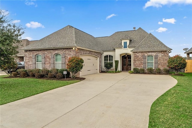 french provincial home with a garage and a front yard