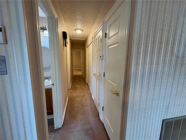 hall with carpet floors and a textured ceiling