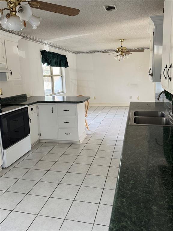 kitchen featuring white cabinetry, kitchen peninsula, sink, and range with electric stovetop