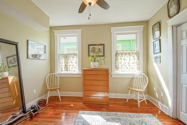 sitting room with ceiling fan and light hardwood / wood-style floors