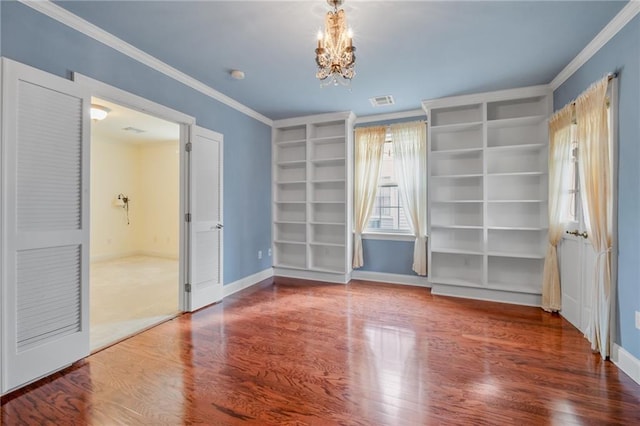 unfurnished bedroom with ornamental molding, wood-type flooring, a chandelier, and multiple windows