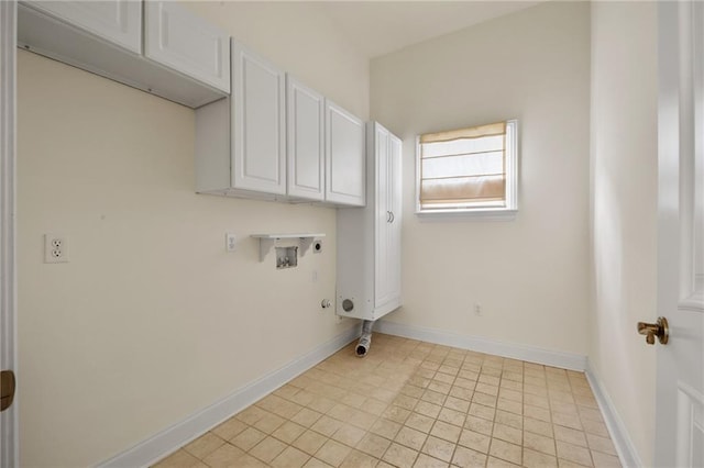 clothes washing area with cabinets, hookup for a washing machine, hookup for an electric dryer, and hookup for a gas dryer