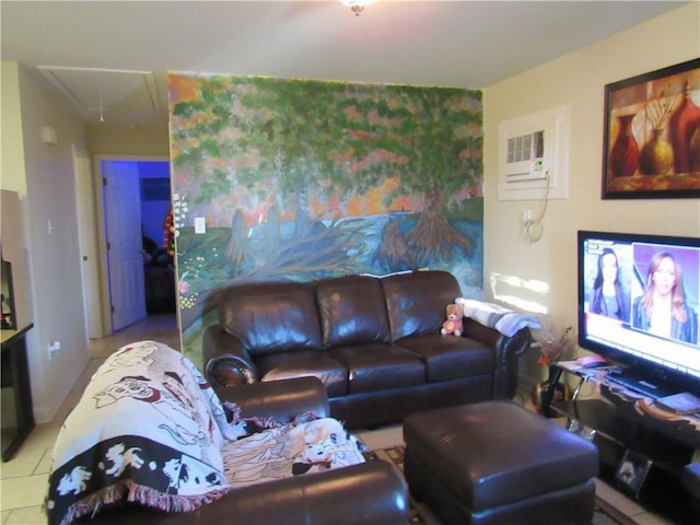 living room featuring an AC wall unit and light tile patterned floors