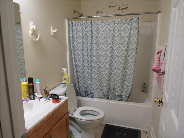 full bathroom with toilet, shower / bath combo, and vanity