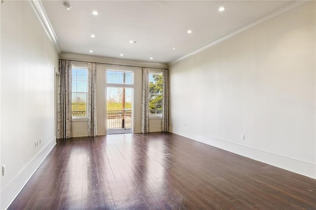 spare room with crown molding and dark wood-type flooring