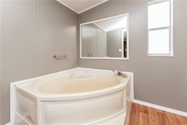 bathroom with a tub to relax in and wood-type flooring