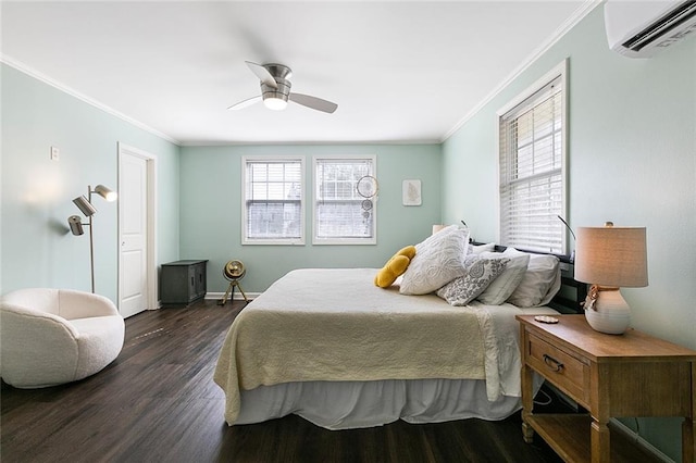 bedroom featuring a wall mounted air conditioner, crown molding, dark hardwood / wood-style floors, and ceiling fan