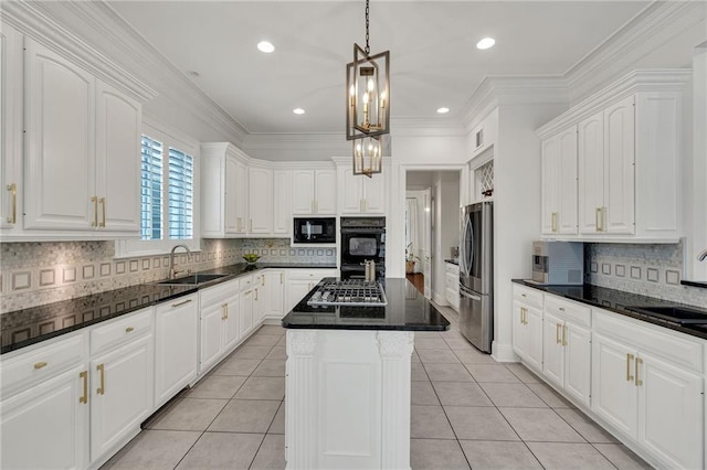 2809 Prytania St, New Orleans, LA 70115 - kitchen with black appliances, a sink, white cabinets, backsplash, and ornamental molding