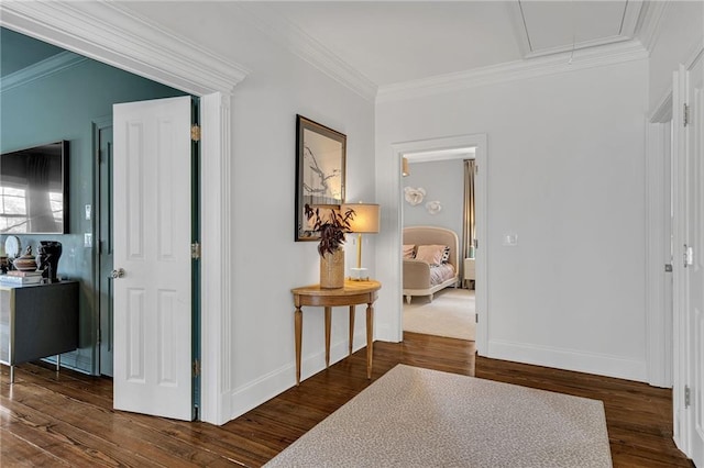 2809 Prytania St, New Orleans, LA 70115 - hall with attic access, ornamental molding, wood finished floors, and baseboards