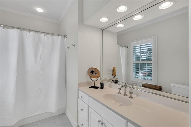 2809 Prytania St, New Orleans, LA 70115 - full bathroom featuring ornamental molding, recessed lighting, vanity, tile patterned floors, and toilet