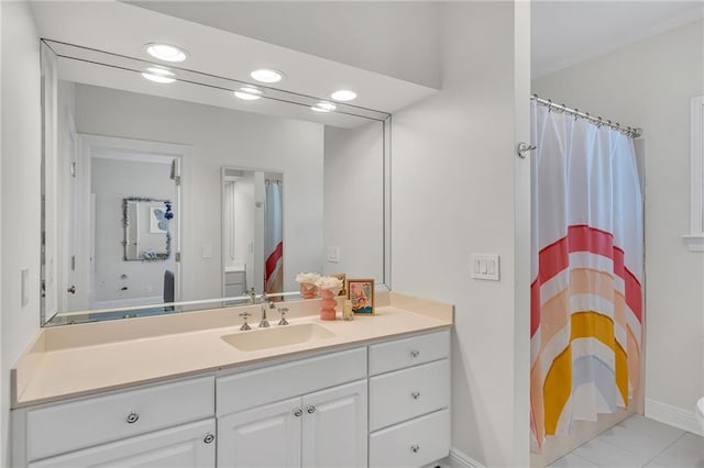 2809 Prytania St, New Orleans, LA 70115 - bathroom with vanity, recessed lighting, baseboards, and a shower with shower curtain