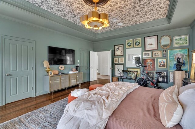 2809 Prytania St, New Orleans, LA 70115 - bedroom featuring a tray ceiling, ornamental molding, wood finished floors, and a chandelier