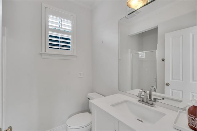 2809 Prytania St, New Orleans, LA 70115 - bathroom featuring a stall shower, toilet, vanity, and crown molding