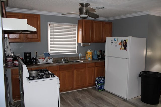 kitchen featuring dark hardwood / wood-style flooring, sink, crown molding, and white appliances