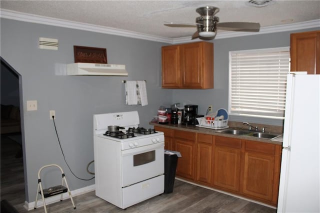 kitchen with sink, crown molding, white appliances, ceiling fan, and hardwood / wood-style floors