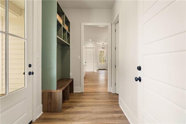 mudroom with baseboards and wood finished floors