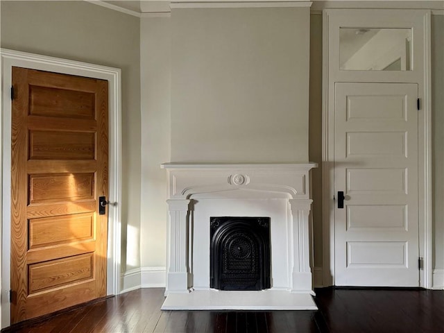 interior details with wood finished floors, a fireplace with raised hearth, and baseboards