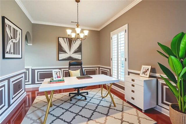 302 Charles Ct, Slidell, LA 70458 - home office featuring dark wood-style flooring, a chandelier, ornamental molding, and a wainscoted wall